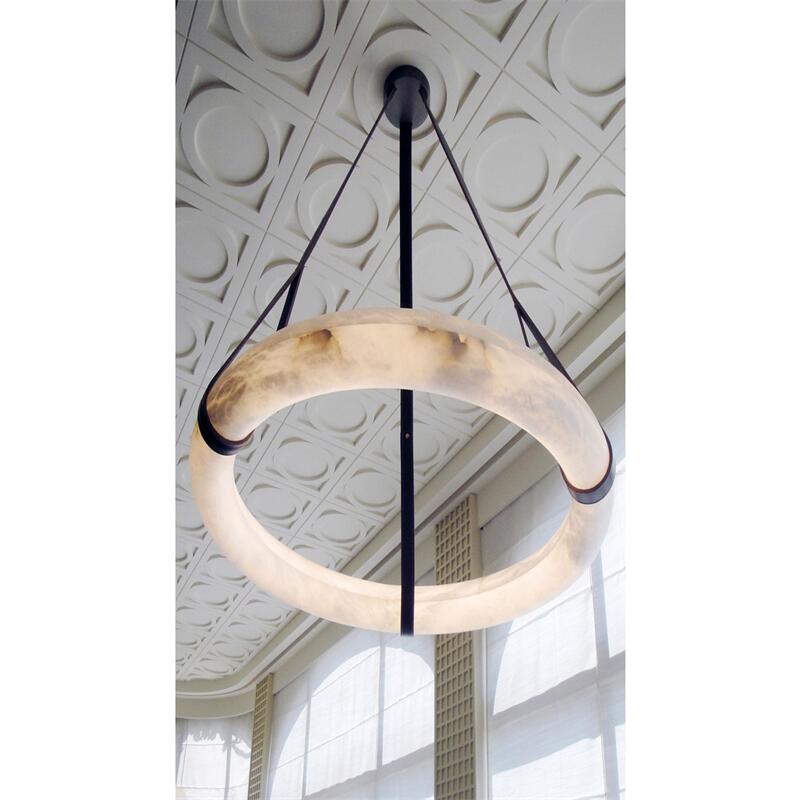 Oslo L1P Pendant Alabaster Chandelier, Halo Ring Chandelier With canopy Over Dining Table