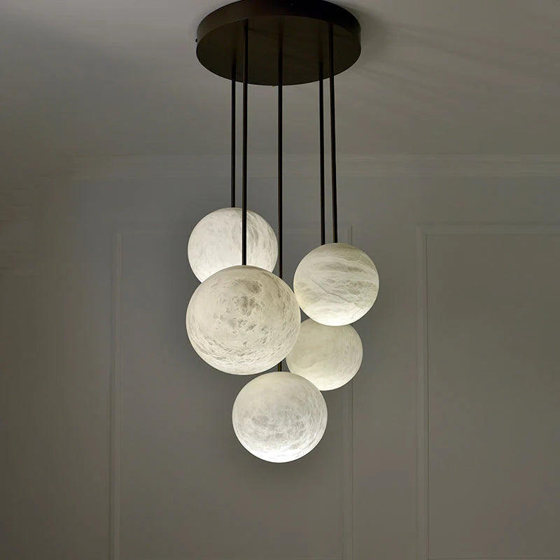 Luna Alabaster Sphere Staircase Chandelier, Multi Pendant Light