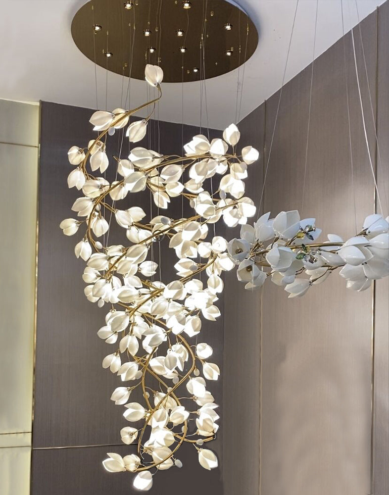 Creative Spiral Pure White Magnolia Chandelier with Golden Branches for Staircase/High-ceiling Space/Foyer/ Duplex