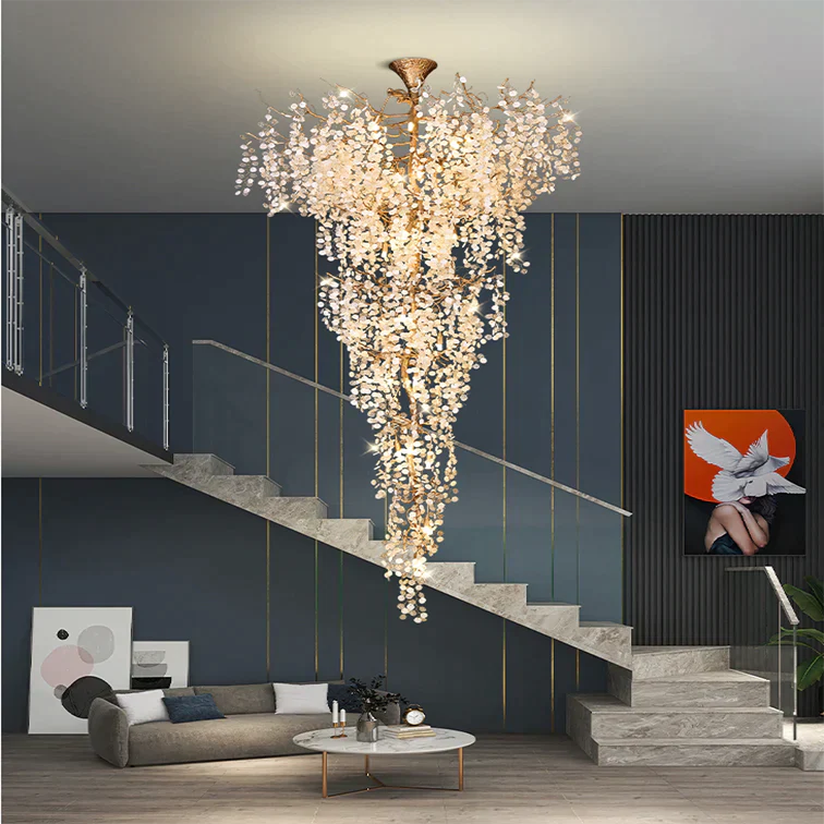 Modern Unique Artistic Flower Brass Branch Semi-flush Mount Chandelier for Living Room/ Hallway/ Entryway/ Staircase