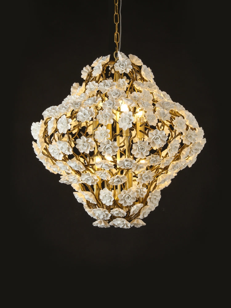 Post-Modern Light Luxury Brass and Ceramics Flower Art Chandelier for Living/Dining Room/Bedside/Hallway