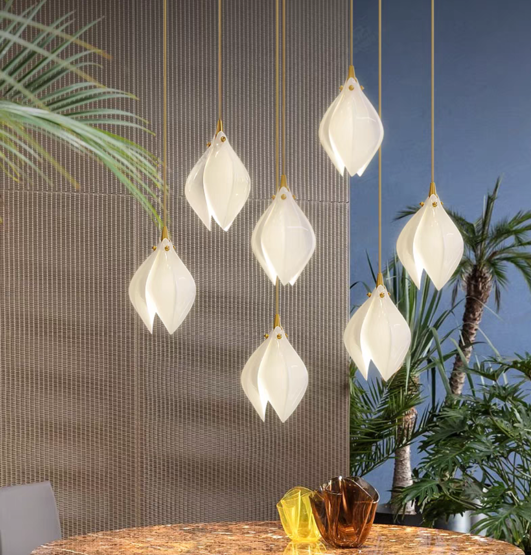 Oversize Nordic Magnolia Flower Ceramics Pendant Long Chandelier for Stairs/Kitchen Island/High-Ceiling Room