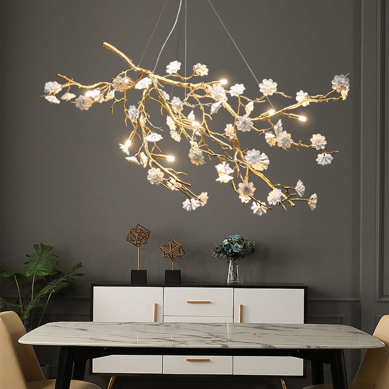 Post-Modern Art Brass and Ceramics Flower Pendant Branch Chandelier for Living/Dining Room