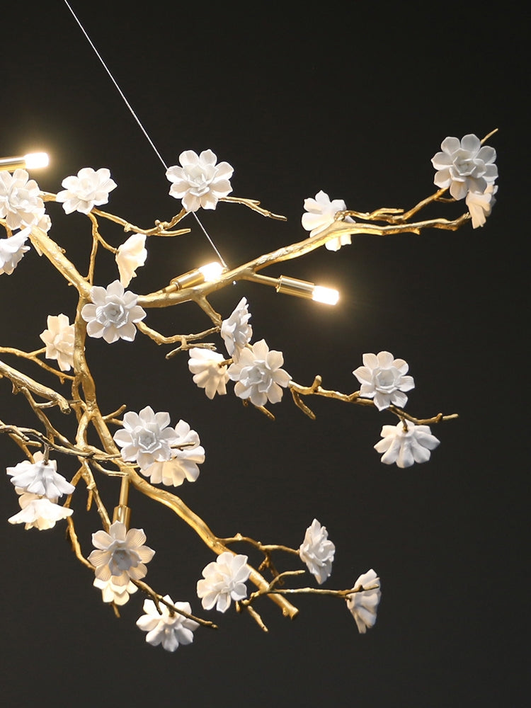 Post-Modern Art Brass and Ceramics Flower Pendant Branch Chandelier for Living/Dining Room