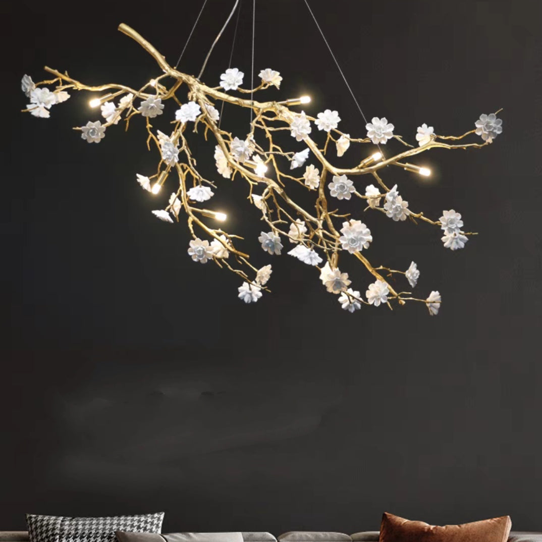 Post-Modern Art Brass and Ceramics Flower Pendant Branch Chandelier for Living/Dining Room