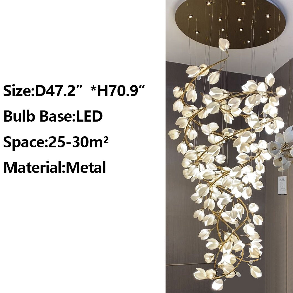 Creative Spiral Pure White Magnolia Chandelier with Golden Branches for Staircase/High-ceiling Space/Foyer/ Duplex