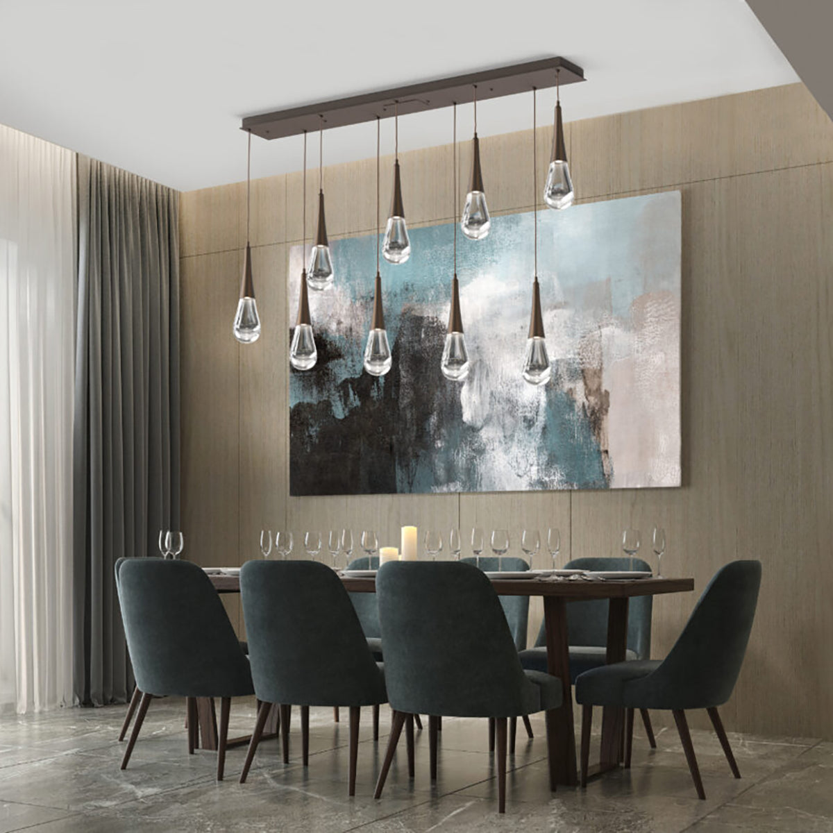 Rain LED Linear Chandelier For Living Room, Linear Glass Chandelier Over Dining Table