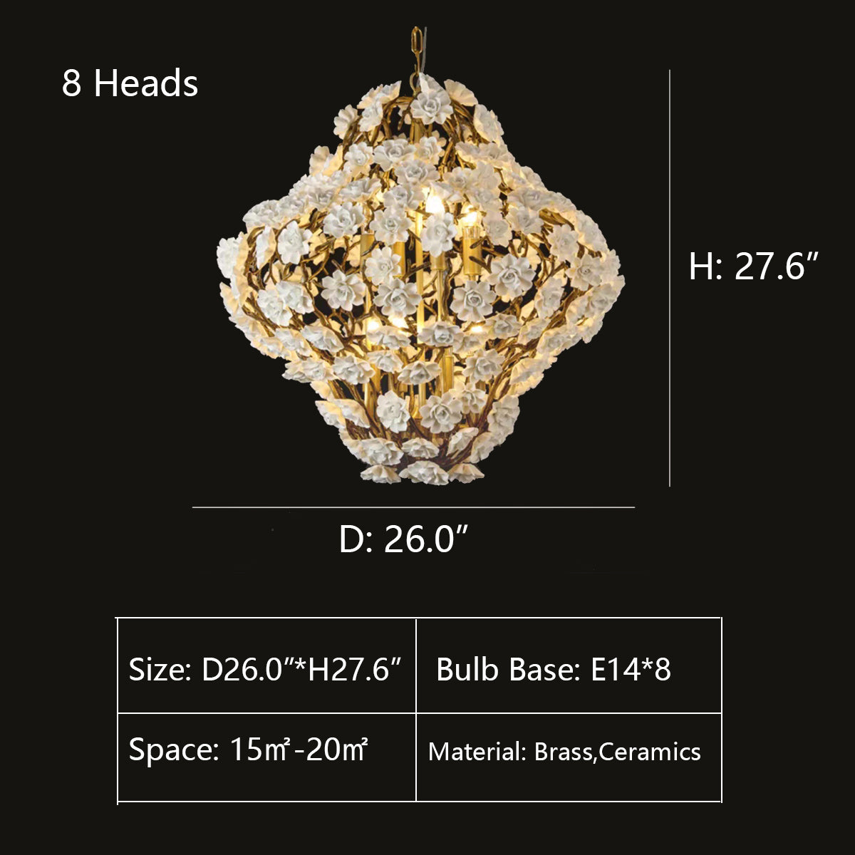 8Heads: D26.0"*H27.6" chandelier,chandeliers,flower,branch,white,gold,flush mount,dining table,kitchen island,romantic,art,designer style,foyer,stairs