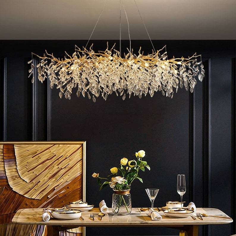 LS Tree Branch Chandelier Crystals on Dining Room Table