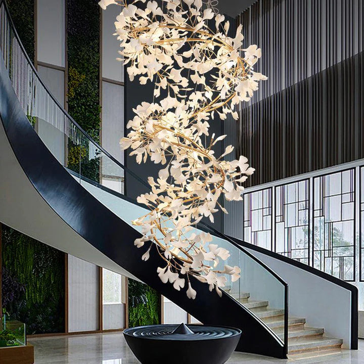 LS Luxury Ceramic Ginkgo Staircase Long Branch Chandelier