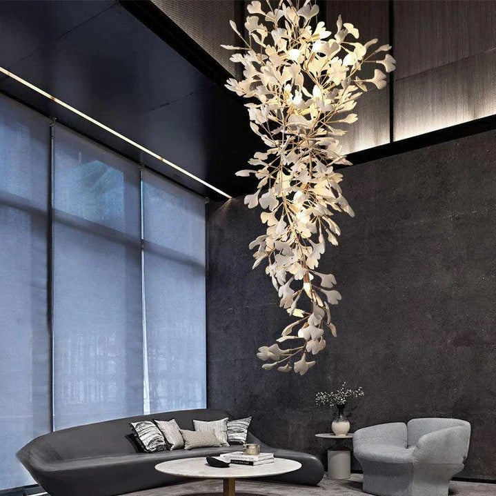 Porcelaneous Gingko Leaves Twig Chandelier Tree Branch Shaped Pendant Light For High Ceiling Living Room Hotel Hall