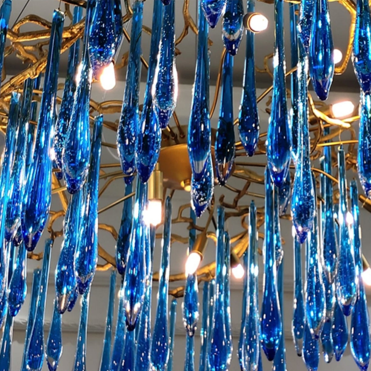 Elegant Blue Crystal Drops Chandelier Brass Branch Style Pendant Light For Living/ Dining Room