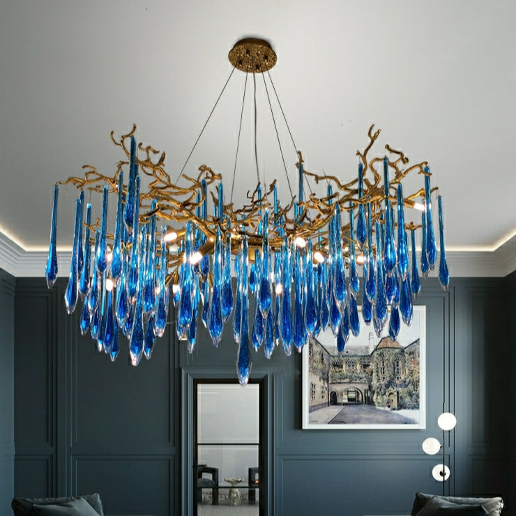 Elegant Blue Crystal Drops Chandelier Brass Branch Style Pendant Light For Living/ Dining Room