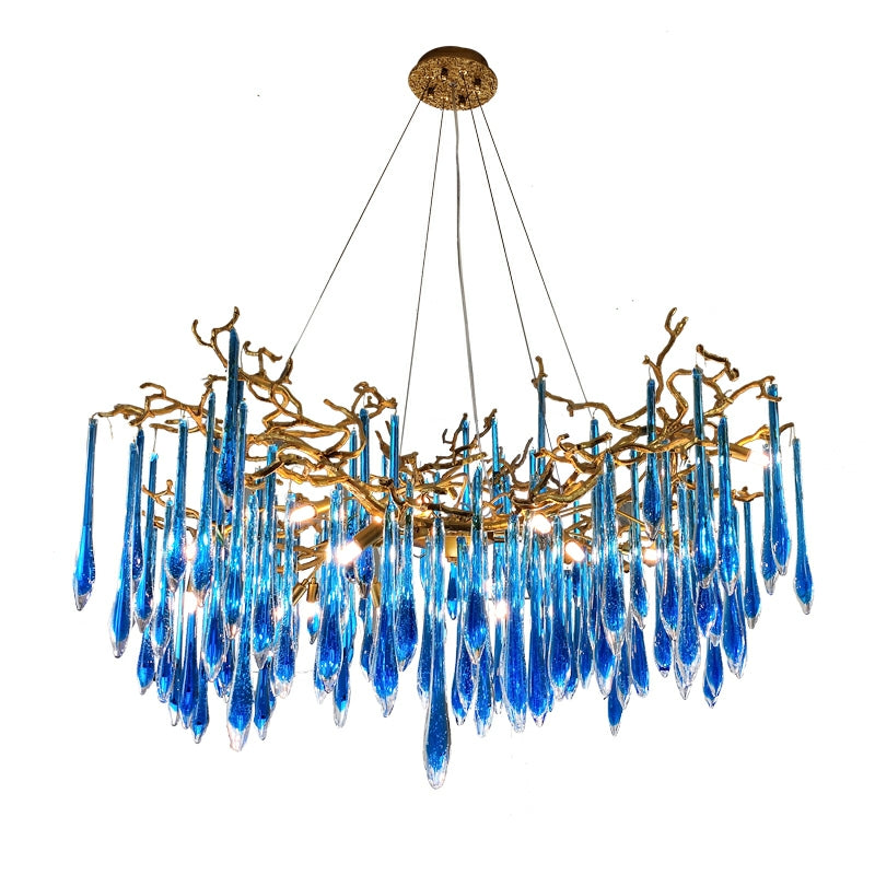 Elegant Blue Crystal Drops Chandelier Brass Branch Style Pendant Light For Living/ Dining Room