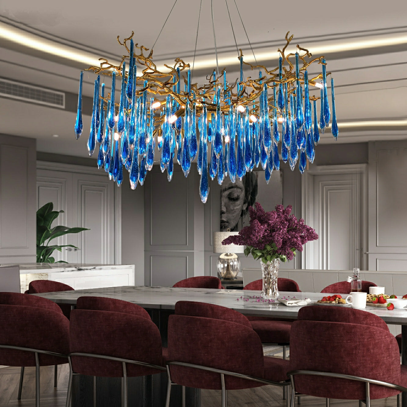 Elegant Blue Crystal Drops Chandelier Brass Branch Style Pendant Light For Living/ Dining Room