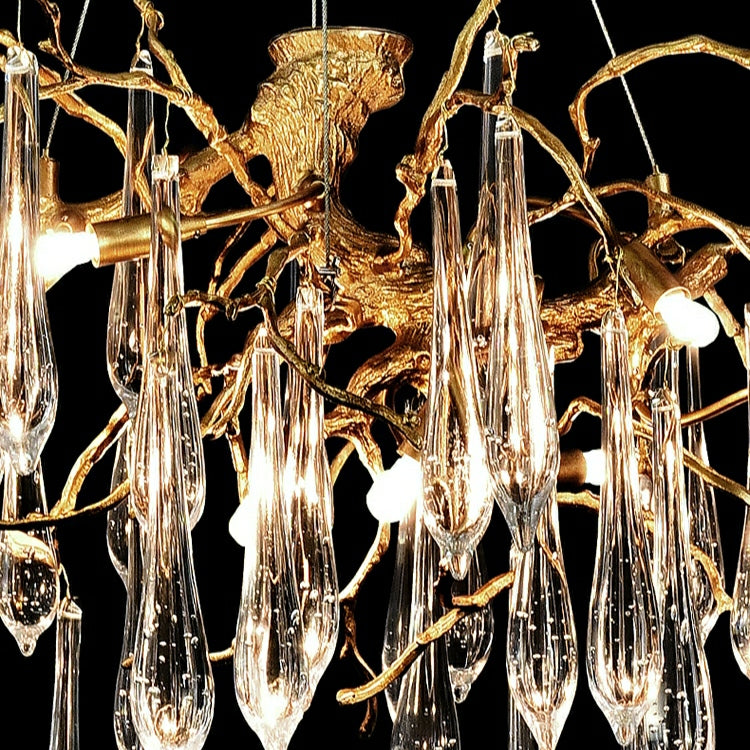 French Style Living Room Branch Crystal Drops Chandelier Modern Copper Gold Finish Dining Room Ceiling Lighting Fixture