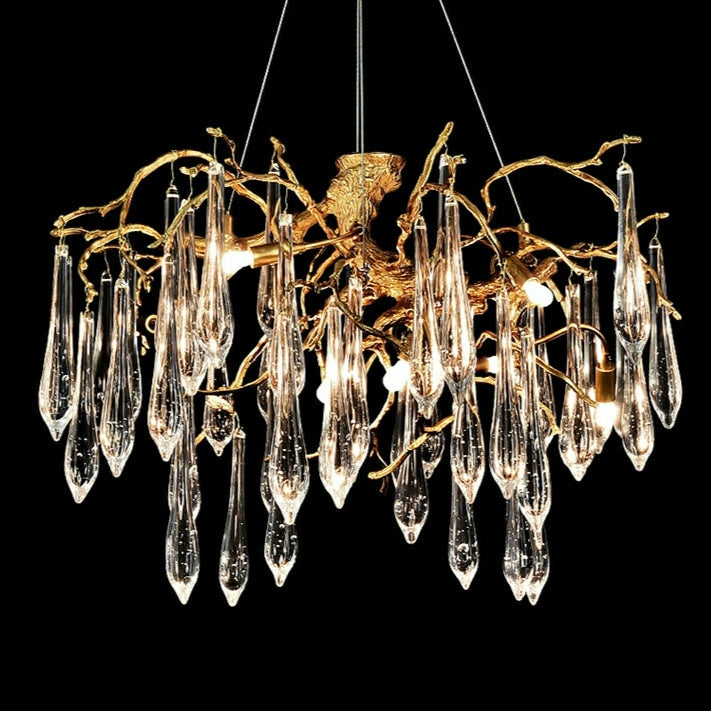 French Style Living Room Branch Crystal Drops Chandelier Modern Copper Gold Finish Dining Room Ceiling Lighting Fixture