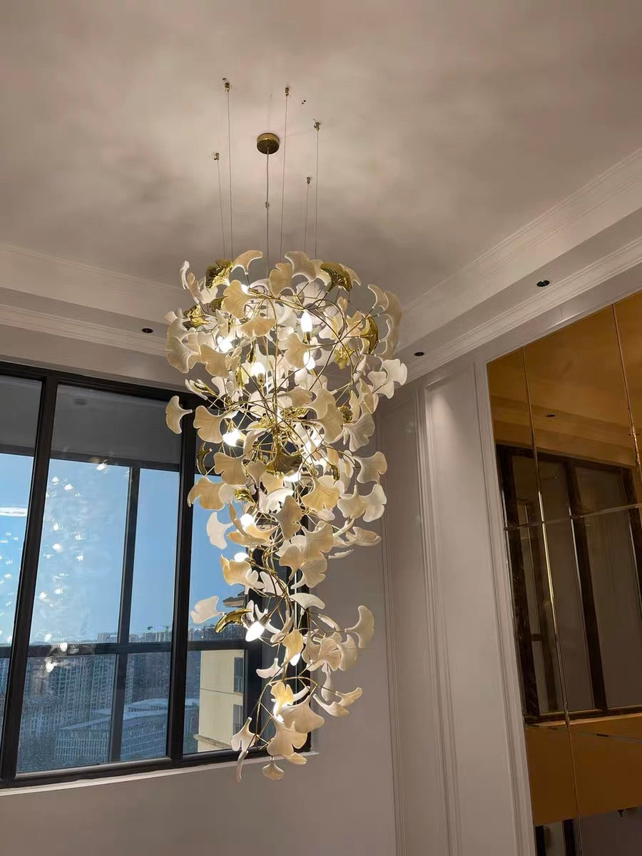 Porcelaneous Gingko Leaves Twig Chandelier Tree Branch Shaped Pendant Light For High Ceiling Living Room Hotel Hall