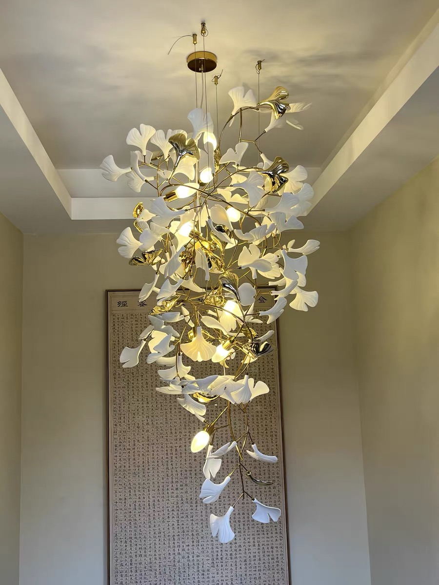 Porcelaneous Gingko Leaves Twig Chandelier Tree Branch Shaped Pendant Light For High Ceiling Living Room Hotel Hall