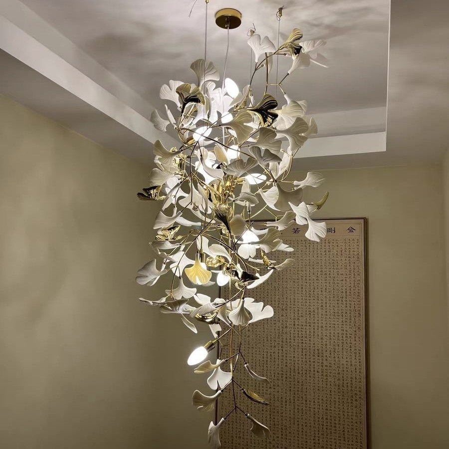 Porcelaneous Gingko Leaves Twig Chandelier Tree Branch Shaped Pendant Light For High Ceiling Living Room Hotel Hall