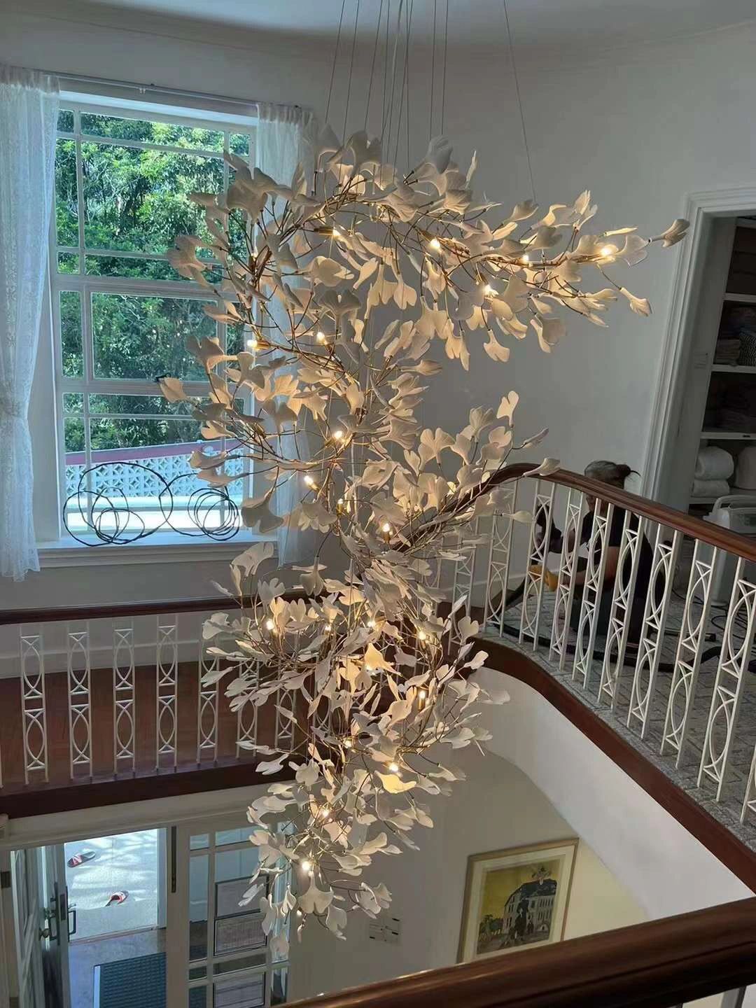 Porcelaneous Gingko Leaves Twig Chandelier Tree Branch Shaped Pendant Light For High Ceiling Living Room Hotel Hall