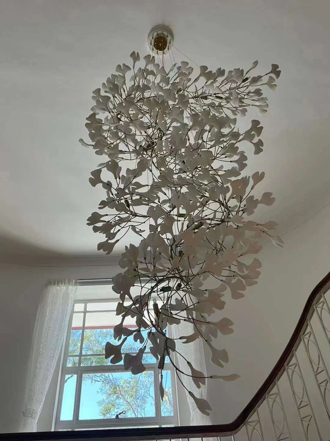 Porcelaneous Gingko Leaves Twig Chandelier Tree Branch Shaped Pendant Light For High Ceiling Living Room Hotel Hall