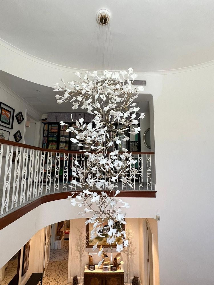 Porcelaneous Gingko Leaves Twig Chandelier Tree Branch Shaped Pendant Light For High Ceiling Living Room Hotel Hall