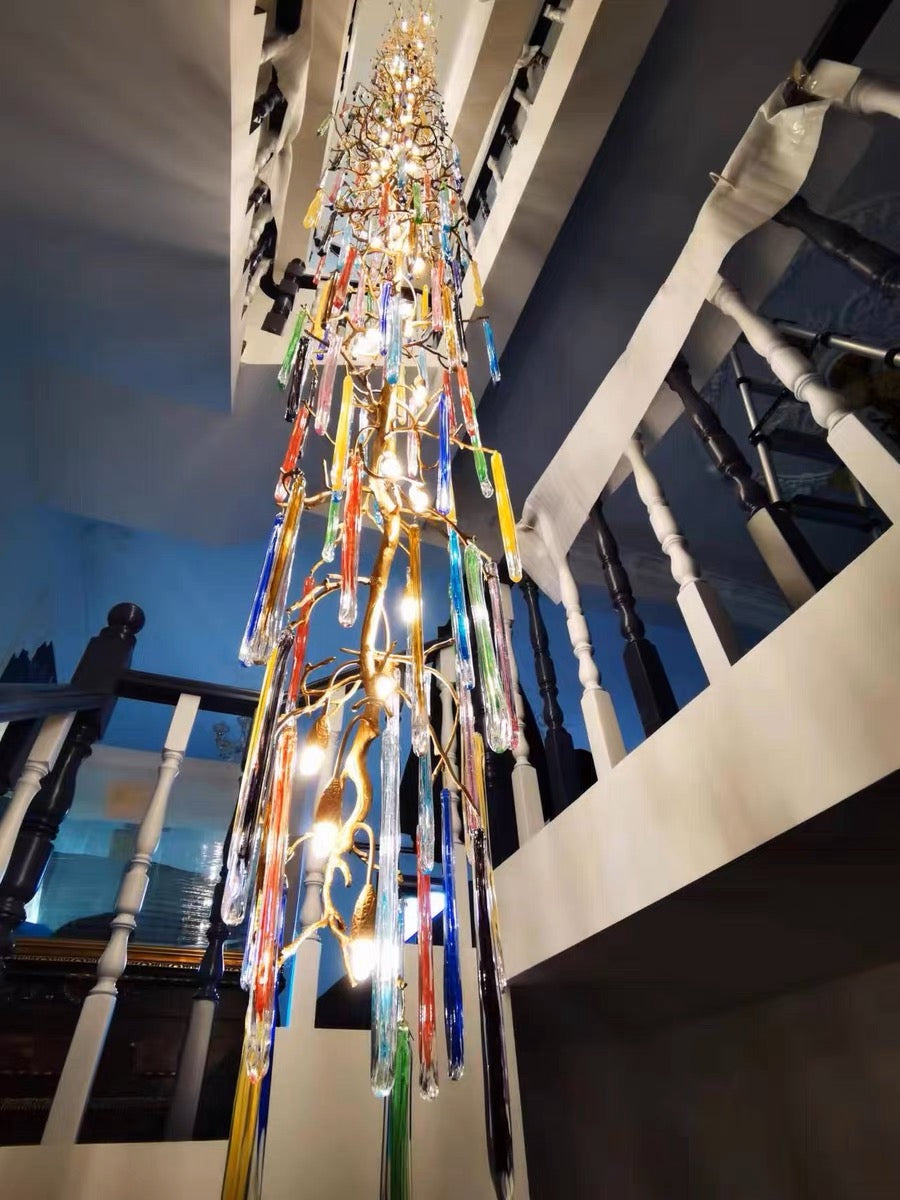 colorful, creative, Modern Light Luxury Brass Branches Colored Glass Column Chandelier for Staircase/Living Room/High-ceiling Space,special,unique,gorgeous, dimmable