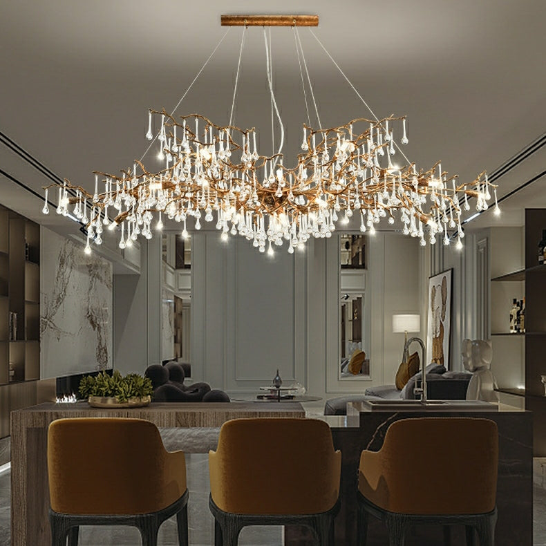 New Style Extra Large Brass Branch Chandelier Light Crystal Drops Pendant Lamp For Living/ Dining Room