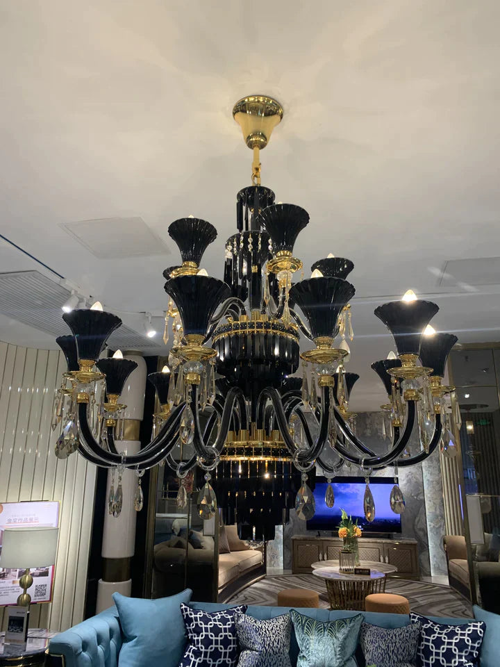 American Traditional Candle Branch Crystal Chandelier Black And Gold Luxury Living Room/Dining Room Light Fixture