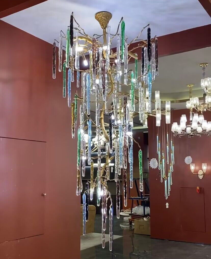 colorful, creative, Modern Light Luxury Brass Branches Colored Glass Column Chandelier for Staircase/Living Room/High-ceiling Space,special,unique,gorgeous, dimmable