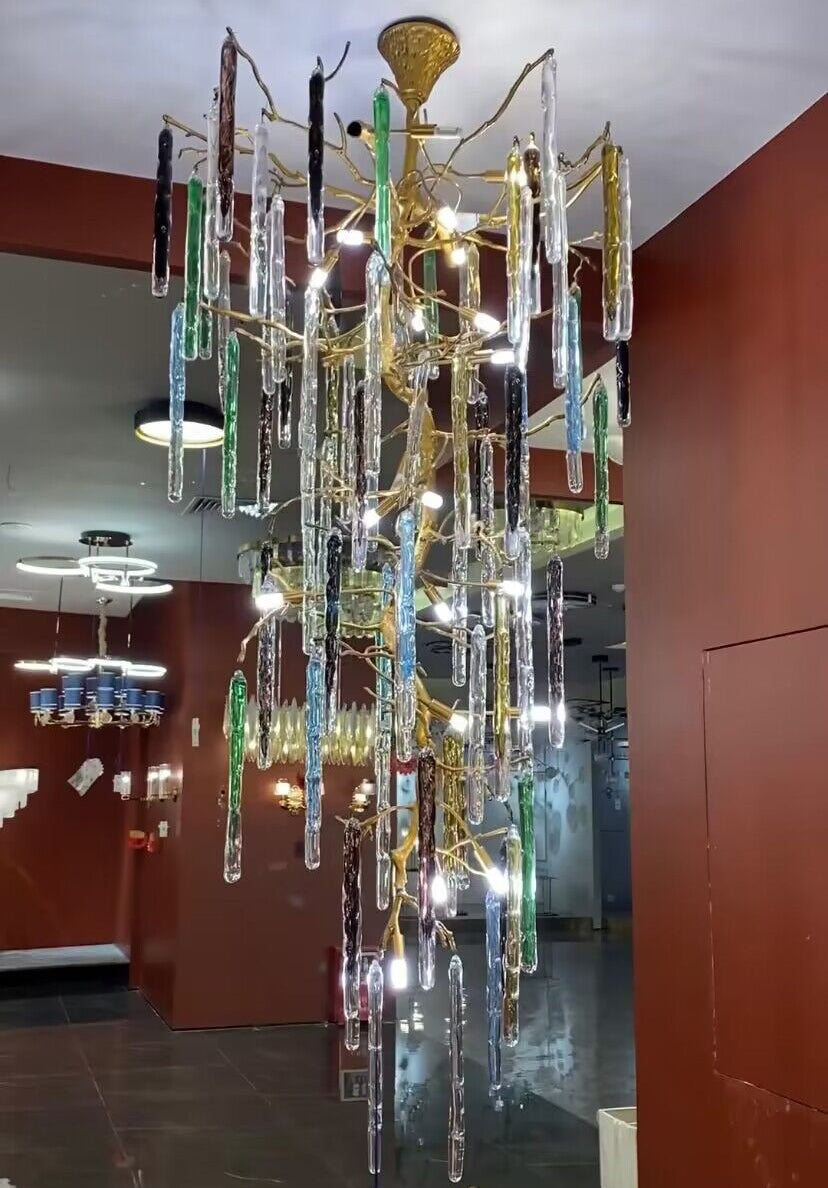 colorful, creative, Modern Light Luxury Brass Branches Colored Glass Column Chandelier for Staircase/Living Room/High-ceiling Space,special,unique,gorgeous, dimmable