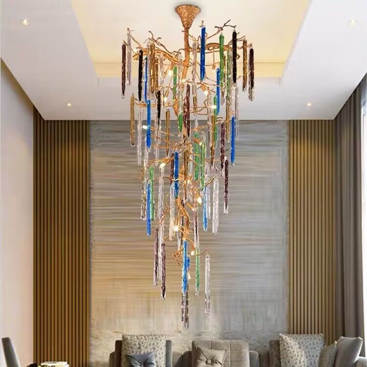 colorful, creative, Modern Light Luxury Brass Branches Colored Glass Column Chandelier for Staircase/Living Room/High-ceiling Space,special,unique,gorgeous, dimmable